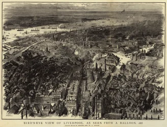 Vogelperspektive von Liverpool, gesehen von einem Ballon, 1885